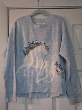 Justice Girls Light Blue Embellished Unicorn Sweater With Sequin Mane And Tail